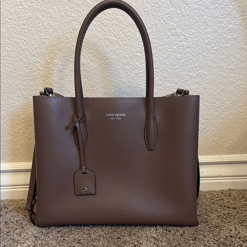 kate spade brown pebbled leather structured tote with luggage tag